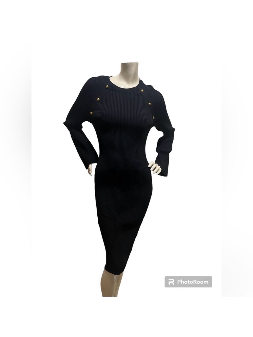 INC International Concepts Black Ribbed Long Sleeve Midi Dress with Gold Buttons